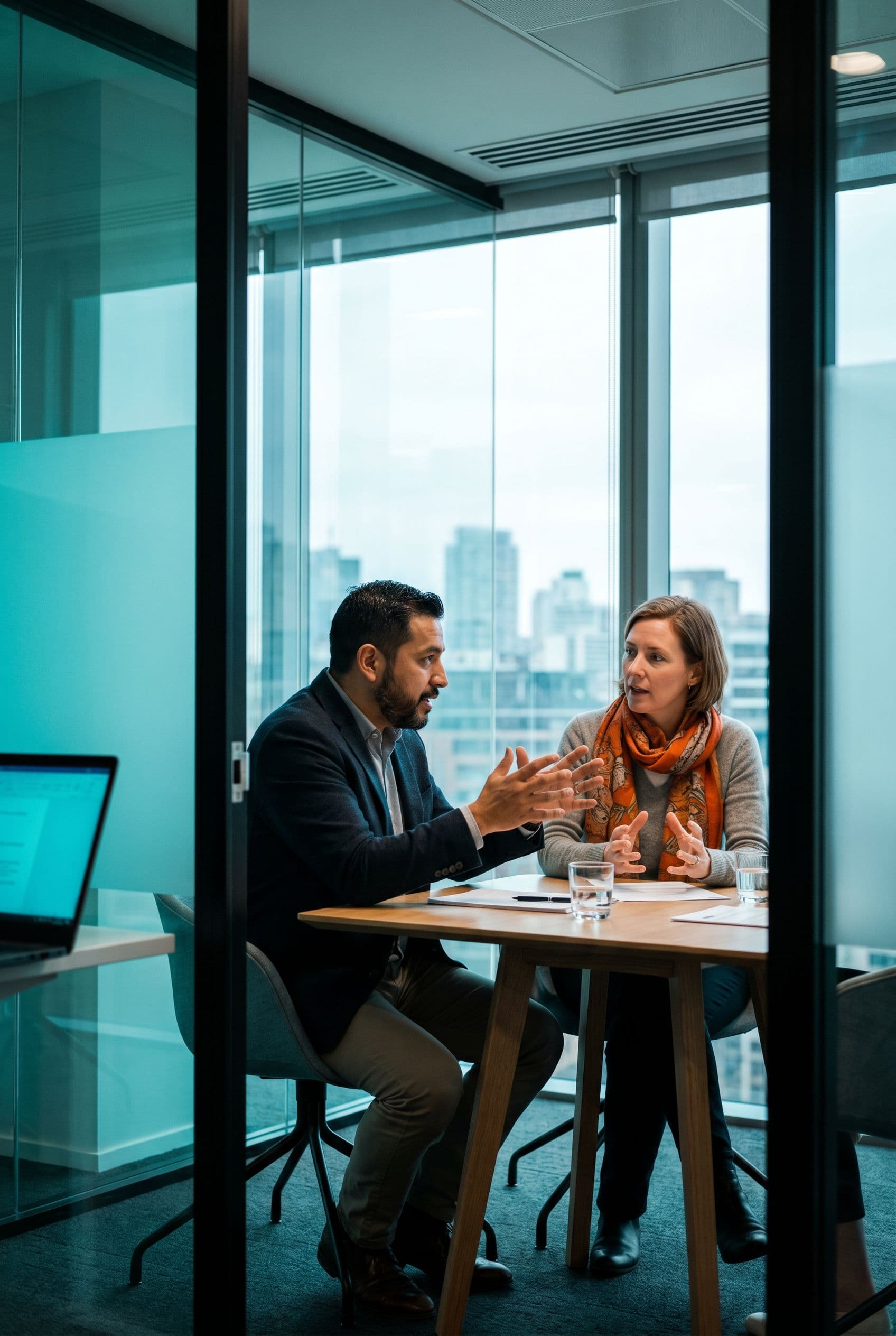 Photorealistic image: two professionals in a realistic practice scenario or role-play conversation, engaged and focused.
