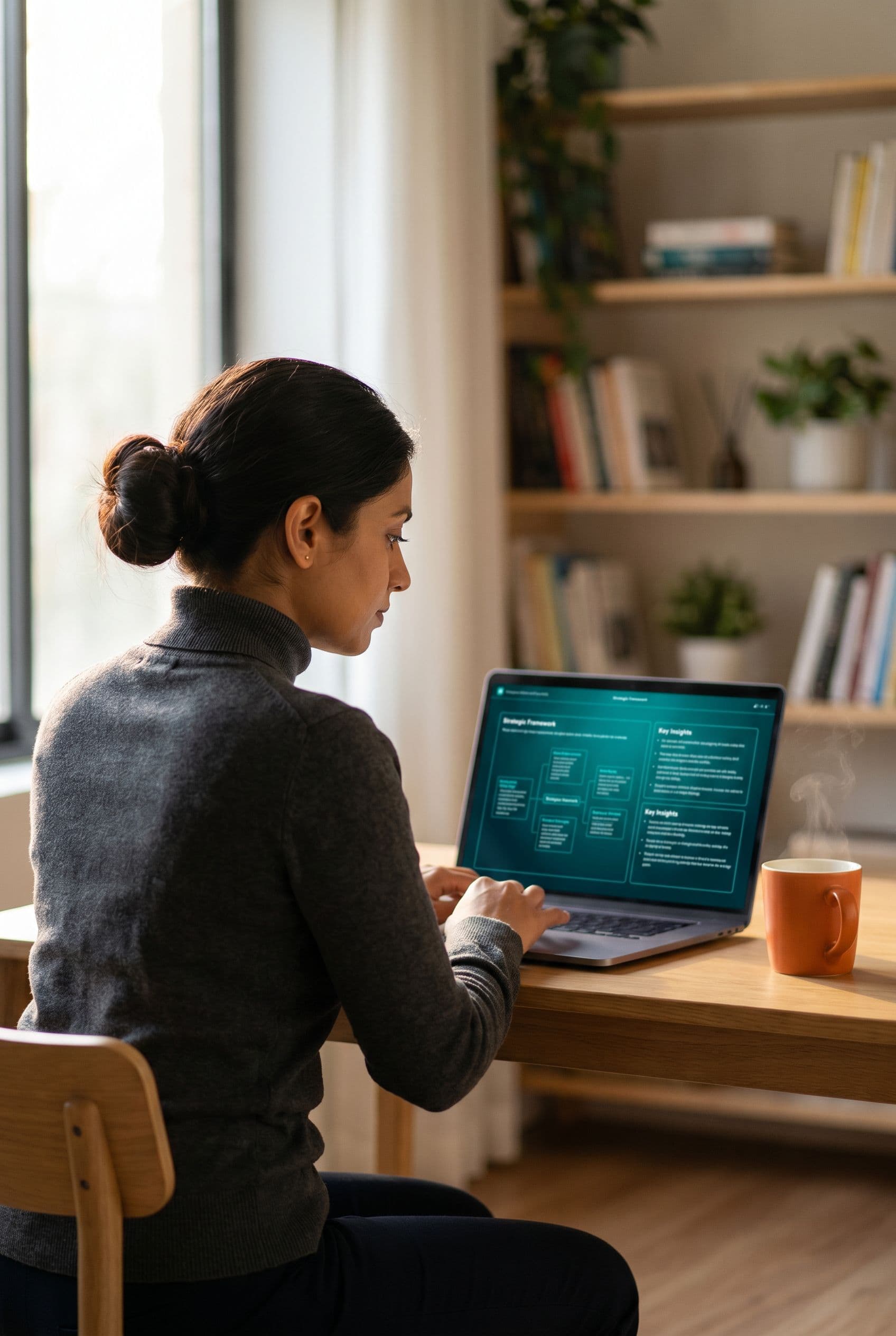 Photorealistic image: a professional reviewing a clean, organized summary on screen, focused and satisfied, teal color grade.