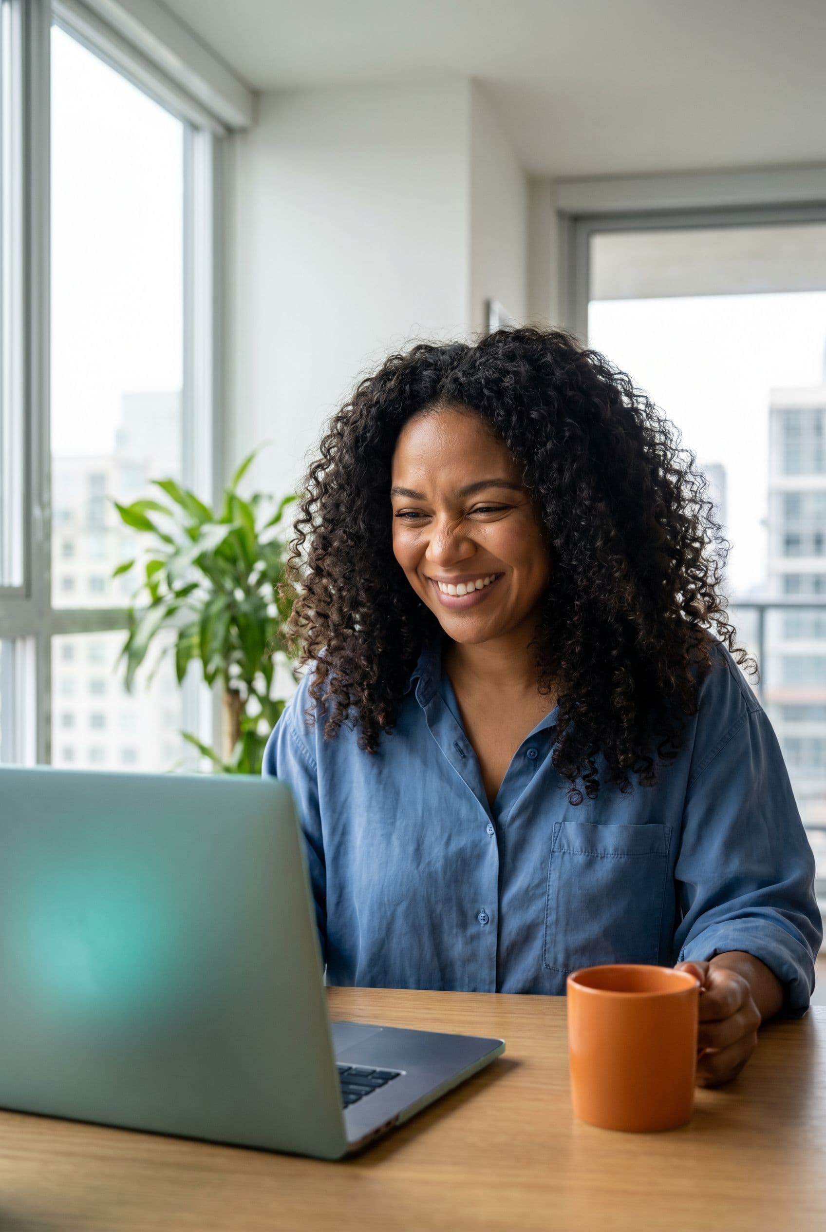 A diverse professional in their 30s-40s at a laptop with a thoughtful, curious expression, natural light, modern workspace.