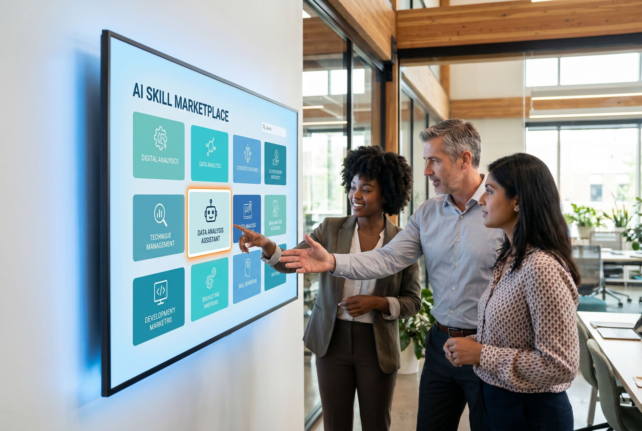 A warm, forward-looking marketplace interface showing expertise packages and AI agents available for others to explore.